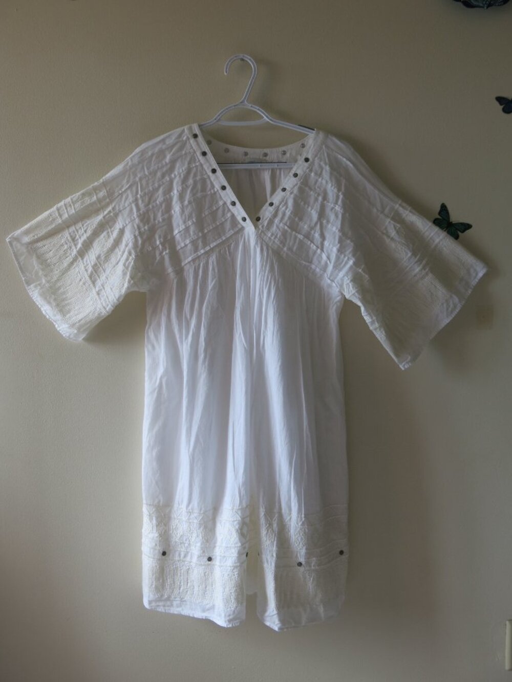 Sundance Embroidery Relaxed Bohemian Bell Sleeve White Cottton Lined Dress Sz. S